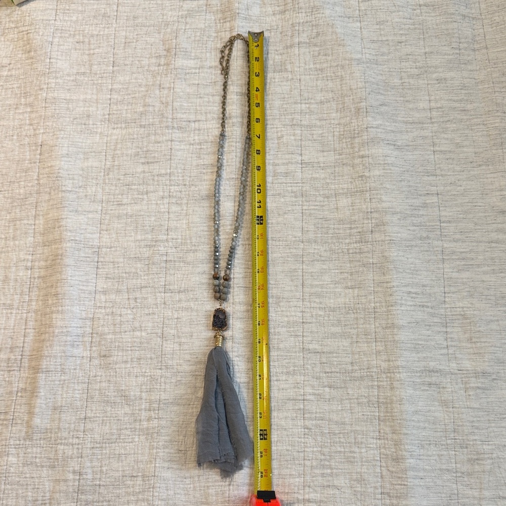 Source Unknown Gray Blue Beaded Necklace with Tassel